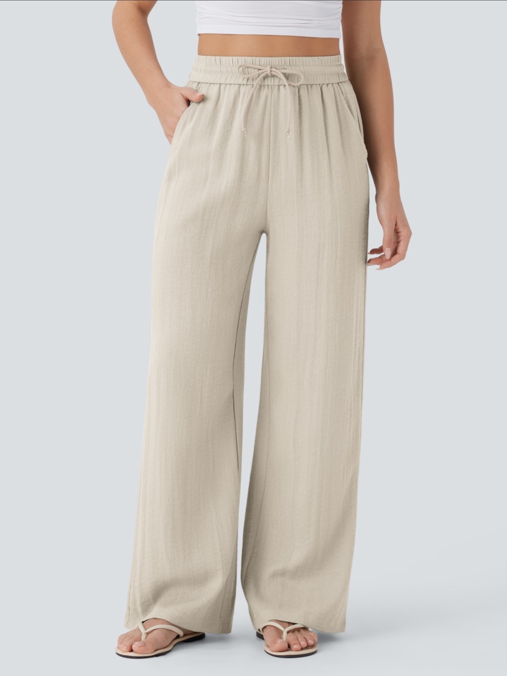 HALARA High Waisted Drawstring Pocket Wide Leg Baggy Casual Linen-Feel Pants